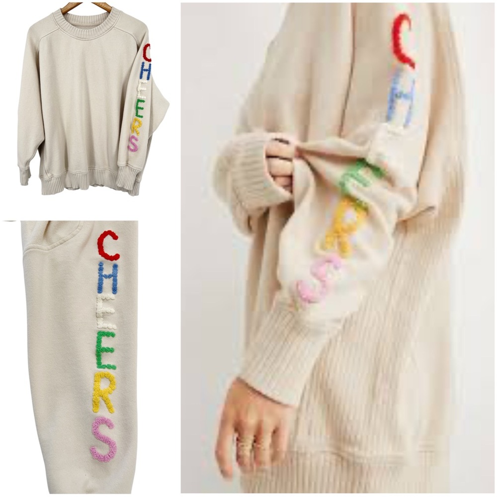 Aerie | Cheers Sweatshirt | Large | Cream Colorful Cozy Holiday Lounge